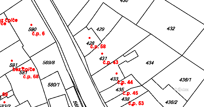 Vysoké Popovice 43 na parcele st. 431 v KÚ Vysoké Popovice, Katastrální mapa