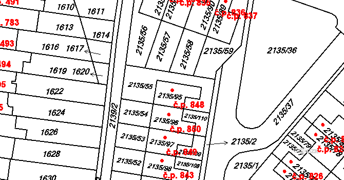 Tuřany 848, Brno na parcele st. 2135/95 v KÚ Tuřany, Katastrální mapa