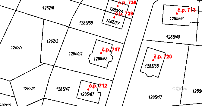 Tlučná 717 na parcele st. 1285/63 v KÚ Tlučná, Katastrální mapa