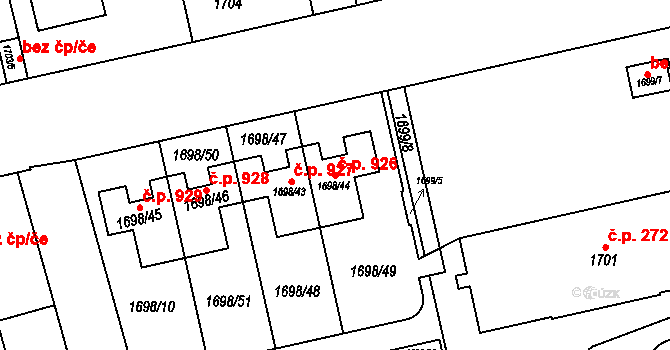 Litomyšlské Předměstí 926, Vysoké Mýto na parcele st. 1698/44 v KÚ Vysoké Mýto, Katastrální mapa