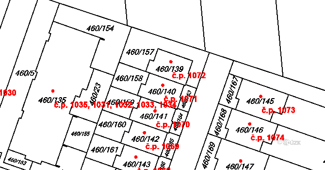 Modřice 1071 na parcele st. 460/140 v KÚ Modřice, Katastrální mapa