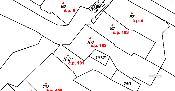 Velhartice 102 na parcele st. 100 v KÚ Velhartice, Katastrální mapa