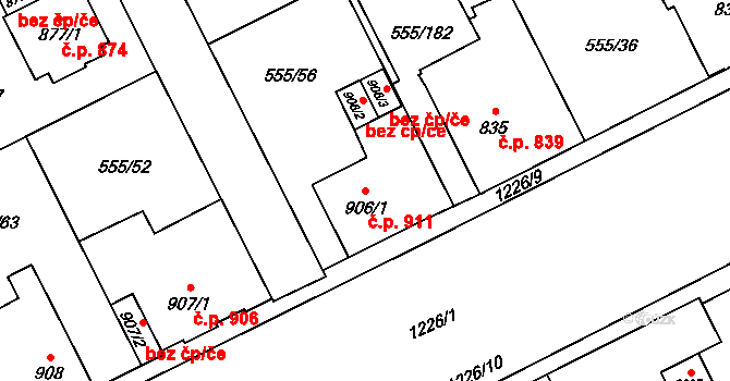 Zábřeh 911, Ostrava na parcele st. 906/1 v KÚ Zábřeh nad Odrou, Katastrální mapa