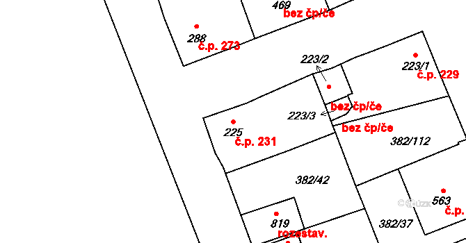 Rudná 231 na parcele st. 225 v KÚ Dušníky u Rudné, Katastrální mapa