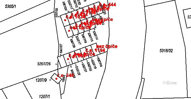 Brno 50394185 na parcele st. 5307/18 v KÚ Líšeň, Katastrální mapa