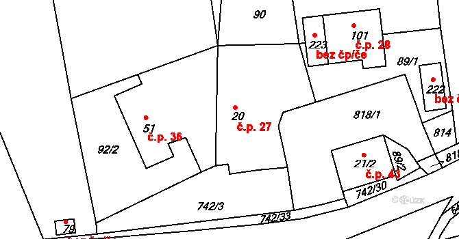 Kovářov 27, Bojanov na parcele st. 20 v KÚ Kovářov u Seče, Katastrální mapa