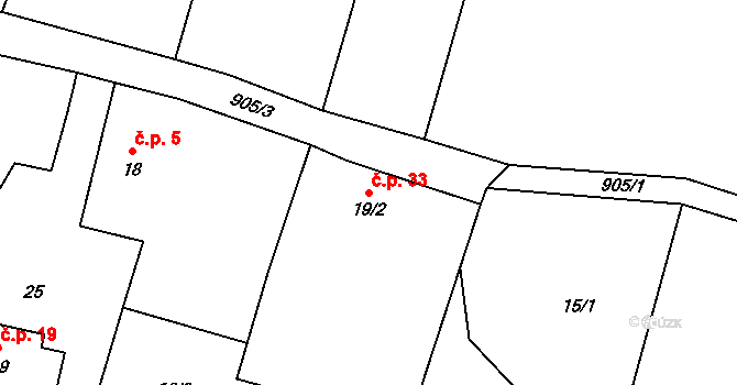 Ždánov 33 na parcele st. 19/2 v KÚ Ždánov, Katastrální mapa