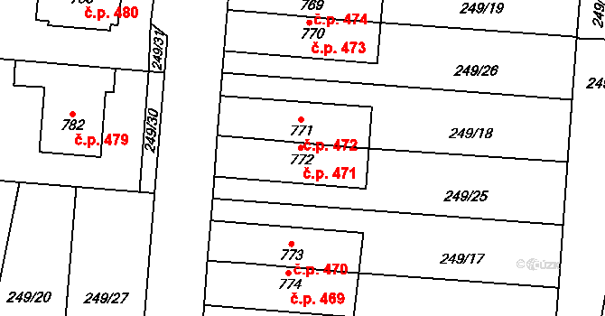 Rosice 471, Pardubice na parcele st. 772 v KÚ Rosice nad Labem, Katastrální mapa