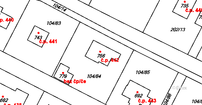 Předměřice nad Labem 442 na parcele st. 756 v KÚ Předměřice nad Labem, Katastrální mapa