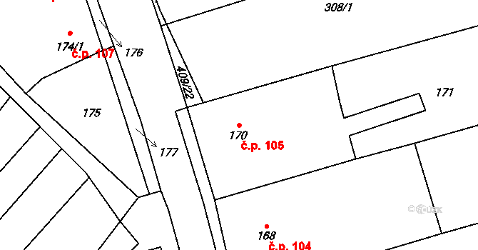 Bohumilice 105, Klobouky u Brna na parcele st. 170 v KÚ Bohumilice, Katastrální mapa