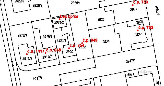 Holešov 849 na parcele st. 2922 v KÚ Holešov, Katastrální mapa