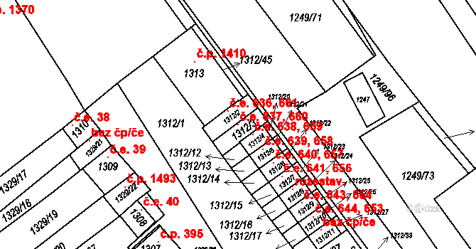 Hustopeče 637,660 na parcele st. 1312/3 v KÚ Hustopeče u Brna, Katastrální mapa