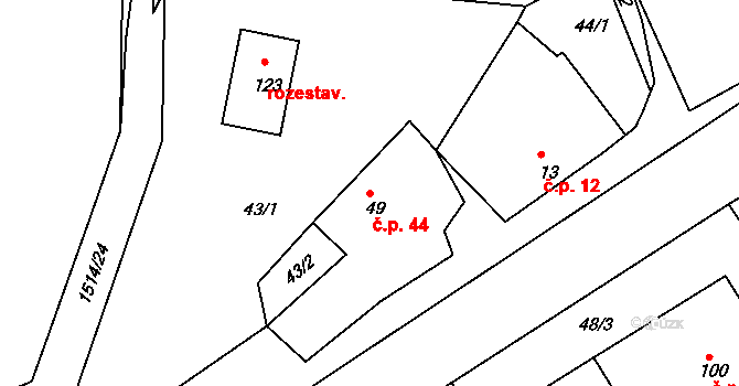 Kamenička 44, Kamenice na parcele st. 49 v KÚ Kamenička, Katastrální mapa