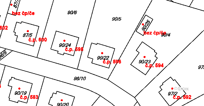 Lyžbice 596, Třinec na parcele st. 90/22 v KÚ Lyžbice, Katastrální mapa