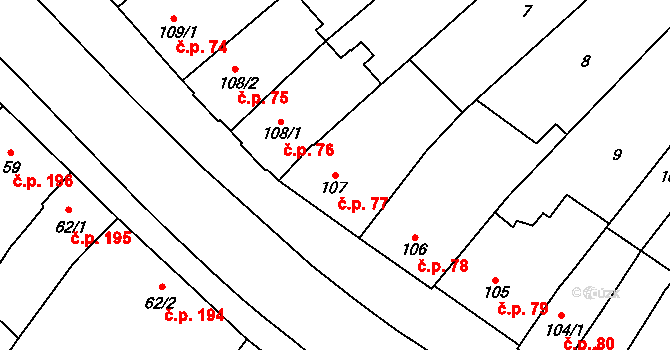 Kyjov 77 na parcele st. 107 v KÚ Kyjov, Katastrální mapa