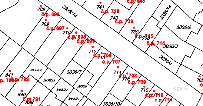 Kyjov 707 na parcele st. 713 v KÚ Kyjov, Katastrální mapa
