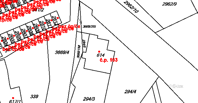 Žichlínské Předměstí 103, Lanškroun na parcele st. 614 v KÚ Lanškroun, Katastrální mapa