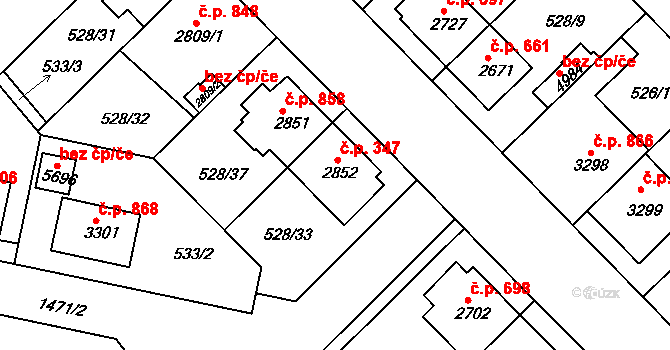 Borovina 347, Třebíč na parcele st. 2852 v KÚ Třebíč, Katastrální mapa