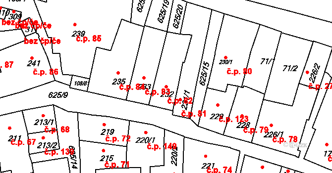 Zámostí 82, Třebíč na parcele st. 232 v KÚ Podklášteří, Katastrální mapa