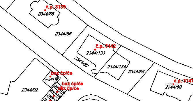 Teplice 3142 na parcele st. 2344/133 v KÚ Teplice, Katastrální mapa