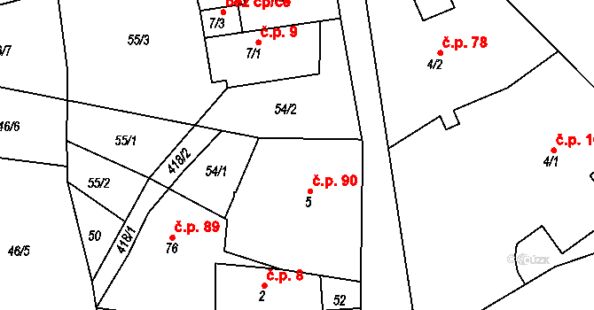 Telnice 90 na parcele st. 5 v KÚ Telnice, Katastrální mapa
