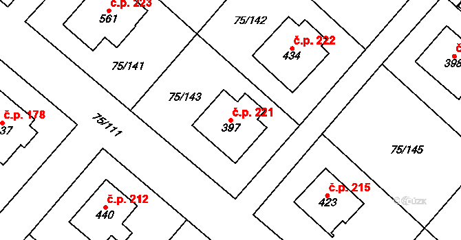 Obříství 221 na parcele st. 397 v KÚ Obříství, Katastrální mapa