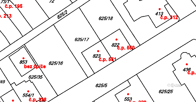 Borohrádek 551 na parcele st. 823 v KÚ Borohrádek, Katastrální mapa