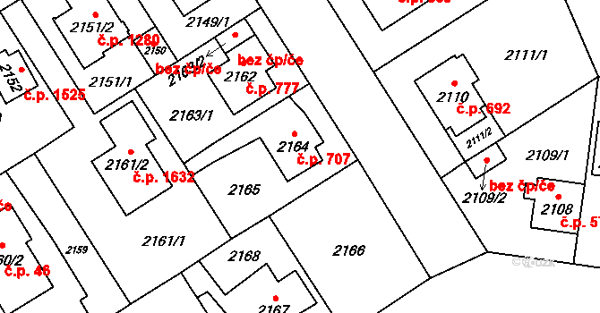 Kyje 707, Praha na parcele st. 2164 v KÚ Kyje, Katastrální mapa