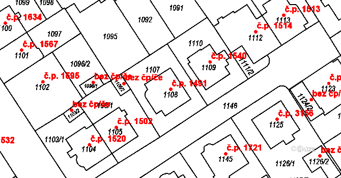 Chomutov 1491 na parcele st. 1108 v KÚ Chomutov I, Katastrální mapa