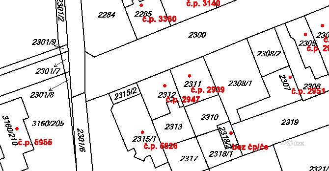 Chomutov 2947 na parcele st. 2312 v KÚ Chomutov II, Katastrální mapa