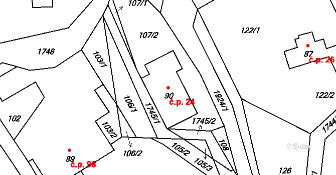 Jítrava 24, Rynoltice na parcele st. 90 v KÚ Jítrava, Katastrální mapa