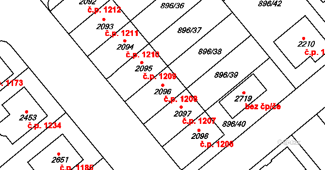 Blatná 1208 na parcele st. 2096 v KÚ Blatná, Katastrální mapa