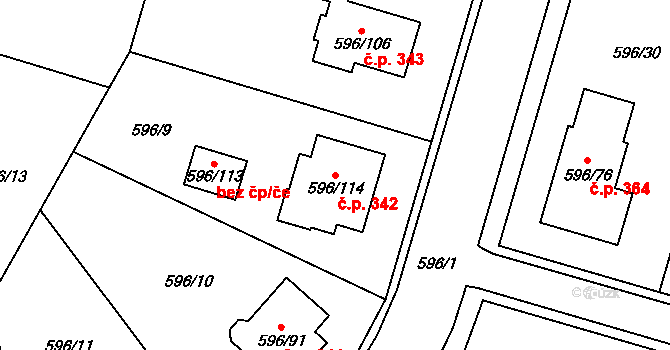 Hodonice 342 na parcele st. 596/114 v KÚ Hodonice, Katastrální mapa