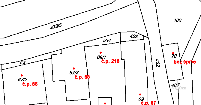 Okrouhlice 216 na parcele st. 68/1 v KÚ Okrouhlice, Katastrální mapa