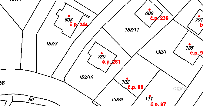 Jevany 281 na parcele st. 739 v KÚ Jevany, Katastrální mapa