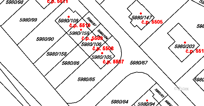 Chomutov 5507 na parcele st. 5980/105 v KÚ Chomutov I, Katastrální mapa