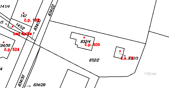 Zruč 505, Zruč-Senec na parcele st. 832/4 v KÚ Zruč, Katastrální mapa