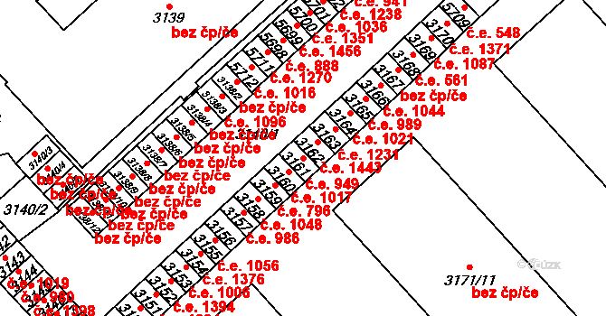 Chomutov 949 na parcele st. 3161 v KÚ Chomutov I, Katastrální mapa