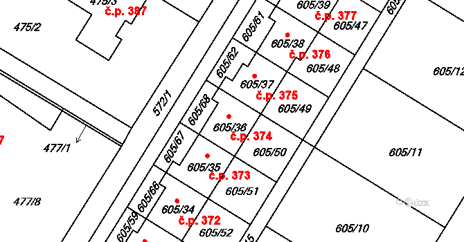 Suchohrdly 374 na parcele st. 605/36 v KÚ Suchohrdly u Znojma, Katastrální mapa