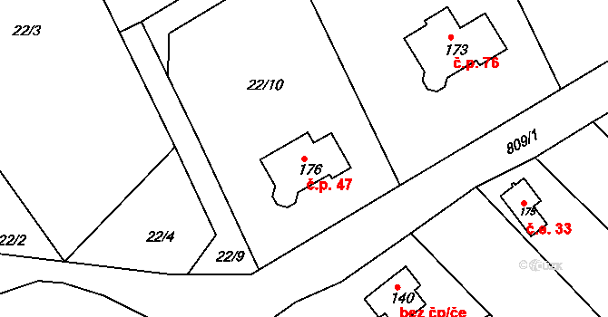 Drmaly 47, Vysoká Pec na parcele st. 176 v KÚ Drmaly, Katastrální mapa