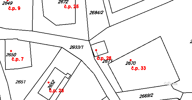 Chábory 26, Dobruška na parcele st. 2671 v KÚ Dobruška, Katastrální mapa