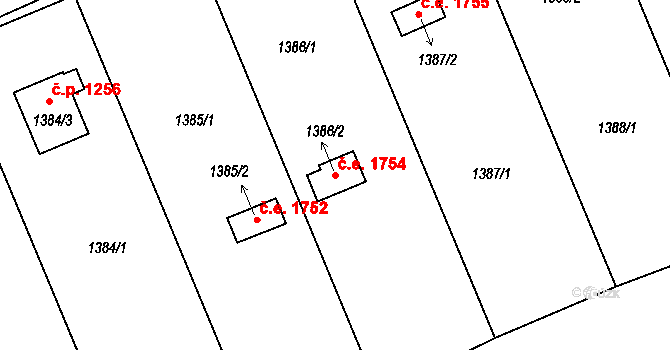 Černice 1754, Plzeň na parcele st. 1386/2 v KÚ Bručná, Katastrální mapa