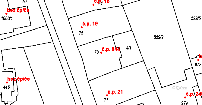 Prštné 544, Zlín na parcele st. 76 v KÚ Prštné, Katastrální mapa