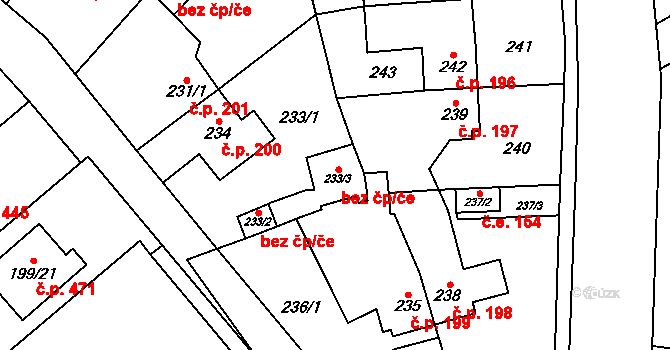 Zastávka 39908186 na parcele st. 233/3 v KÚ Zastávka, Katastrální mapa