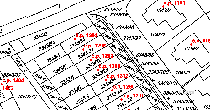 Třešť 1293 na parcele st. 3343/22 v KÚ Třešť, Katastrální mapa