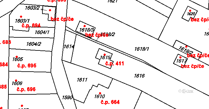 Kostelec nad Černými lesy 411 na parcele st. 1615 v KÚ Kostelec nad Černými lesy, Katastrální mapa