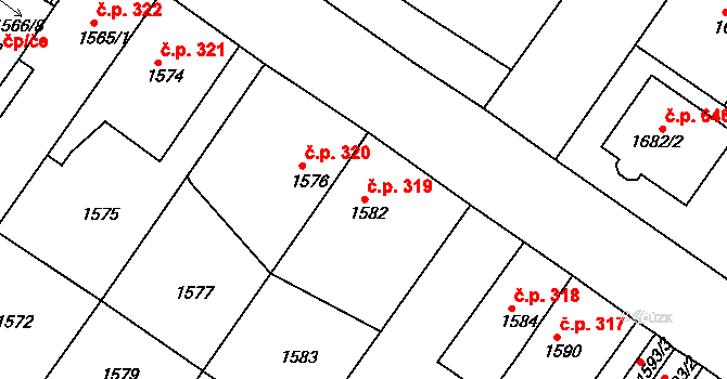 Chrást 319 na parcele st. 1582 v KÚ Chrást u Plzně, Katastrální mapa