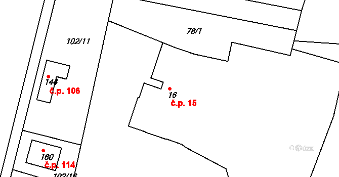 Labské Chrčice 15 na parcele st. 16 v KÚ Labské Chrčice, Katastrální mapa