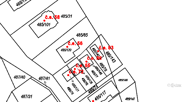 Milotice nad Bečvou 83 na parcele st. 485/140 v KÚ Milotice nad Bečvou, Katastrální mapa