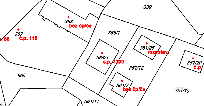 Milovice 3130 na parcele st. 366/3 v KÚ Milovice nad Labem, Katastrální mapa
